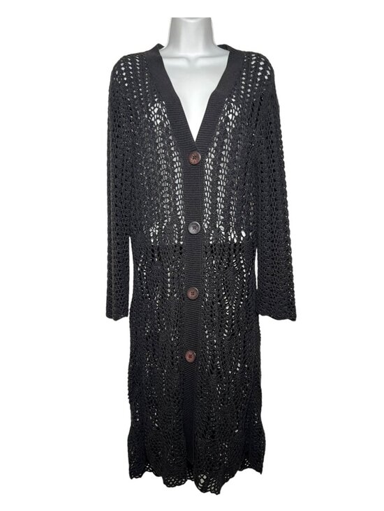 Lafayette 148 Sweaters - Lafayette 148 Open-Knit Cotton-Blend Duster Cardigan Black Longline Sweater Med